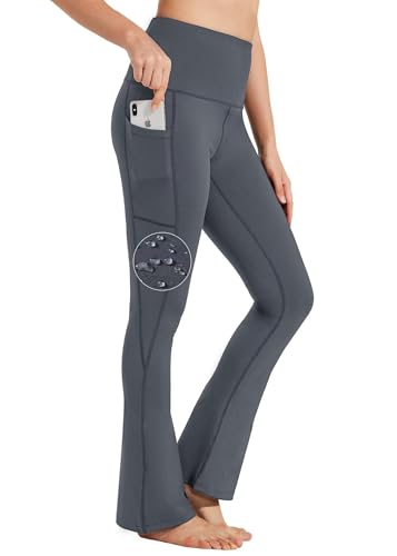 BAYGE Damen Bootcut Yogahose Hohe Taille Wasserdicht Blickdicht Bauchkontrolle Slim Fit Leggings Sporthose Schlaghose Sweathose Fitnesshose mit Taschen, Grau, L von BAYGE