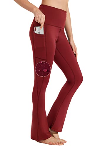 BAYGE Damen Bootcut Yogahose Hohe Taille Wasserdicht Blickdicht Bauchkontrolle Slim Fit Leggings Sporthose Schlaghose Sweathose Fitnesshose mit Taschen, Rot, S von BAYGE