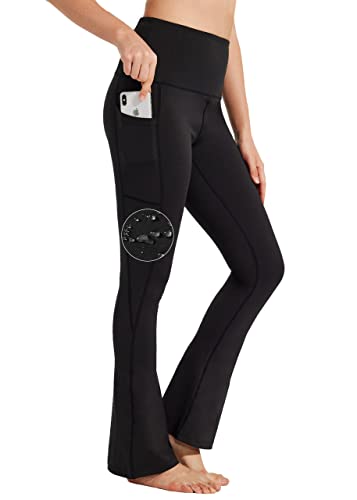 BAYGE Damen Bootcut Yogahose Hohe Taille Wasserdicht Blickdicht Bauchkontrolle Slim Fit Leggings Sporthose Schlaghose Sweathose Fitnesshose mit Taschen, Schwarz, L von BAYGE