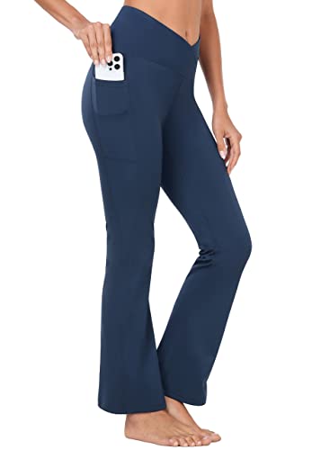 BAYGE Damen Flare Leggings V-Crossover Hohe Taille Slim Fit Wasserabweisend Blickdicht Bootcut Yogahose Sporthose Schlaghose Sweathose Fitnesshose mit Taschen, Marineblau, S von BAYGE