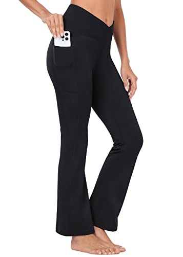 BAYGE Damen Flare Leggings V-Crossover Hohe Taille Slim Fit Wasserabweisend Blickdicht Bootcut Yogahose Sporthose Schlaghose Sweathose Fitnesshose mit Taschen, Schwarz, XL von BAYGE