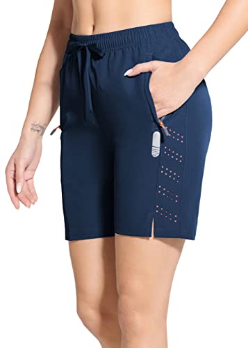 BAYGE Damen Kurze Hose Sport Shorts Sommer Schnell Trocknend Wasserdicht Atmungsaktiv Leicht Laufhose Jogginghose Bermuda Shorts Running Trainingshose mit Reißverschlusstaschen, Marineblau, S von BAYGE