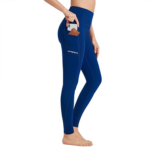 BAYGE Damen Sport Leggings Winter Hohe Taille Fleece Gefüttert Wasserdicht Blickdicht Bauchkontrolle Slim Fit Yogahose Sporthose Sweathose Fitnesshose mit Taschen, Blau, M von BAYGE