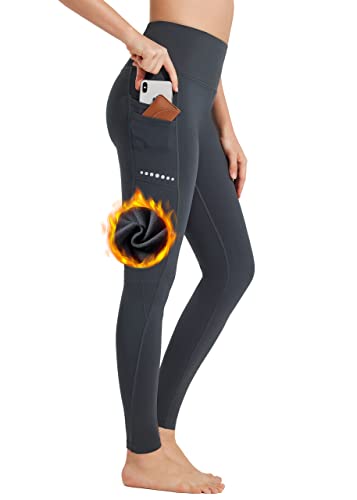 BAYGE Damen Sport Leggings Winter Hohe Taille Fleece Gefüttert Wasserdicht Blickdicht Bauchkontrolle Slim Fit Yogahose Sporthose Sweathose Fitnesshose mit Taschen, Grau, L von BAYGE