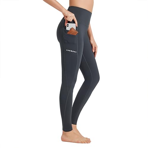 BAYGE Damen Sport Leggings Winter Hohe Taille Fleece Gefüttert Wasserdicht Blickdicht Bauchkontrolle Slim Fit Yogahose Sporthose Sweathose Fitnesshose mit Taschen, Grau, M von BAYGE