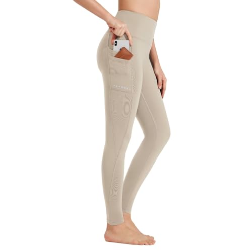 BAYGE Damen Sport Leggings Winter Hohe Taille Fleece Gefüttert Wasserdicht Blickdicht Bauchkontrolle Slim Fit Yogahose Sporthose Sweathose Fitnesshose mit Taschen, Khaki, M von BAYGE