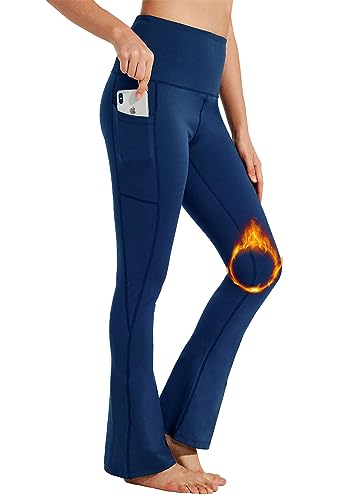 BAYGE Damen Thermo Bootcut Yogahose Winter Hohe Taille Fleece Gefüttert Wasserdicht Blickdicht Bauchkontrolle Slim Fit Leggings Sporthose Schlaghose Sweathose Fitnesshose mit Taschen, Blau, L von BAYGE