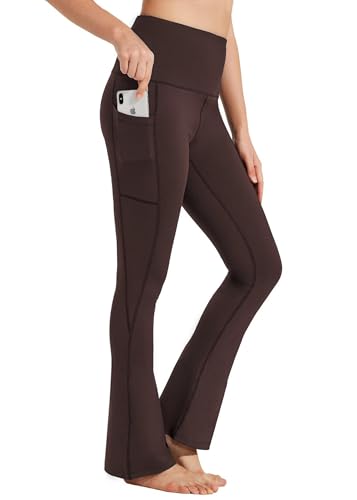 BAYGE Damen Thermo Bootcut Yogahose Winter Hohe Taille Fleece Gefüttert Wasserdicht Blickdicht Bauchkontrolle Slim Fit Leggings Sporthose Schlaghose Sweathose Fitnesshose mit Taschen, Braun, M von BAYGE