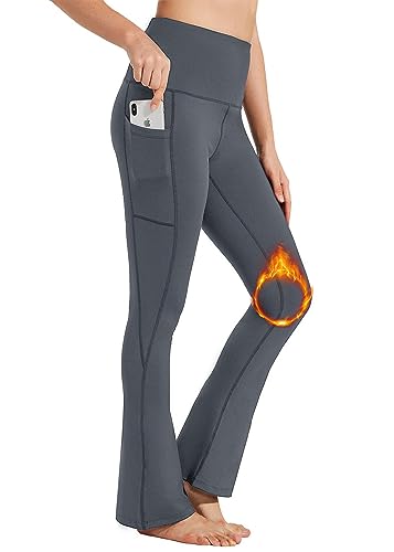 BAYGE Damen Thermo Bootcut Yogahose Winter Hohe Taille Fleece Gefüttert Wasserdicht Blickdicht Bauchkontrolle Slim Fit Leggings Sporthose Schlaghose Sweathose Fitnesshose mit Taschen, Grau, L von BAYGE