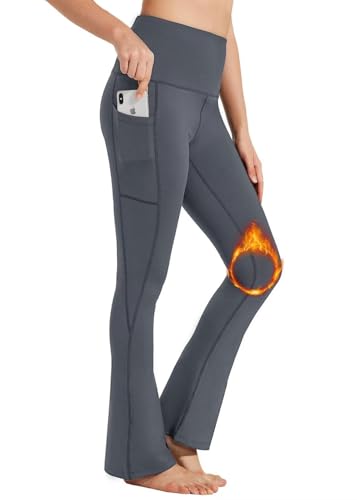 BAYGE Damen Thermo Bootcut Yogahose Winter Hohe Taille Fleece Gefüttert Wasserdicht Blickdicht Bauchkontrolle Slim Fit Leggings Sporthose Schlaghose Sweathose Fitnesshose mit Taschen, Grau, M von BAYGE