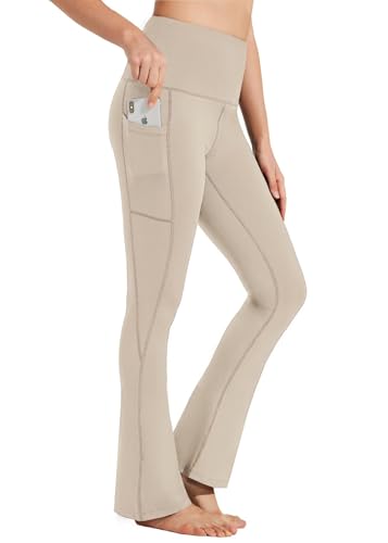 BAYGE Damen Thermo Bootcut Yogahose Winter Hohe Taille Fleece Gefüttert Wasserdicht Blickdicht Bauchkontrolle Slim Fit Leggings Sporthose Schlaghose Sweathose Fitnesshose mit Taschen, Khaki, XS von BAYGE