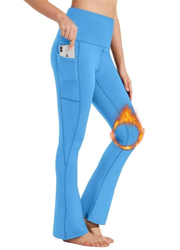 BAYGE Damen Thermo Bootcut Yogahose Winter Hohe Taille Fleece Gefüttert Wasserdicht Blickdicht Bauchkontrolle Slim Fit Leggings Sporthose Schlaghose Sweathose Fitnesshose mit Taschen, Seablau, S von BAYGE