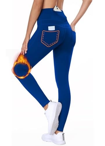 BAYGE Damen Thermo Leggings Winter Fleece Gefüttert Hight Waist Wasserdicht Blickdicht Slim Fit Jeggings Yogahose Wanderhose Sporthose Strumpfhose Sweathose mit Taschen, Blau, M von BAYGE