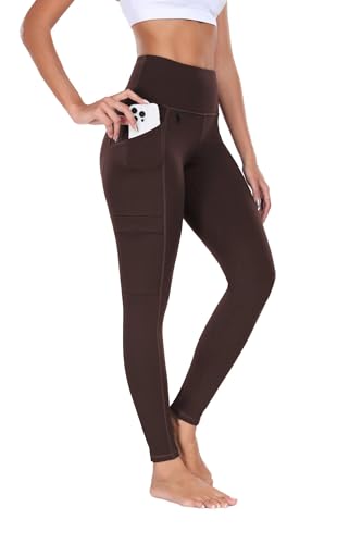 BAYGE Damen Thermo Wander Leggings Winter Hohe Taille Fleece Gefüttert Wasserdicht Blickdicht Bauchkontrolle Slim Fit Wanderhose Yogahose Radlerhose Sporthose Sweathose mit Taschen, Braun, XL von BAYGE