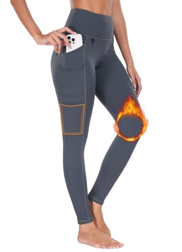 BAYGE Damen Thermo Wander Leggings Winter Hohe Taille Fleece Gefüttert Wasserdicht Blickdicht Bauchkontrolle Slim Fit Wanderhose Yogahose Radlerhose Sporthose Sweathose mit Taschen, Grau, L von BAYGE