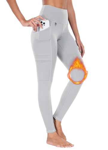 BAYGE Damen Thermo Wander Leggings Winter Hohe Taille Fleece Gefüttert Wasserdicht Blickdicht Bauchkontrolle Slim Fit Wanderhose Yogahose Radlerhose Sporthose Sweathose mit Taschen, Hellgrau, S von BAYGE