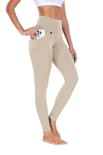 BAYGE Damen Thermo Wander Leggings Winter Hohe Taille Fleece Gefüttert Wasserdicht Blickdicht Bauchkontrolle Slim Fit Wanderhose Yogahose Radlerhose Sporthose Sweathose mit Taschen, Khaki, S von BAYGE
