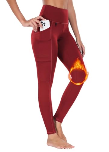 BAYGE Damen Thermo Wander Leggings Winter Hohe Taille Fleece Gefüttert Wasserdicht Blickdicht Bauchkontrolle Slim Fit Wanderhose Yogahose Radlerhose Sporthose Sweathose mit Taschen, Rot, S von BAYGE