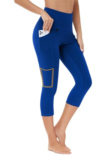 BAYGE Damen Wander Leggings 3/4 Sommer Leicht Hight Waist Wasserdicht Blickdicht Slim Fit Capri Wanderhose Yogahose Radlerhose Sporthose Strumpfhose Sweathose mit Taschen, Blau, XXL von BAYGE