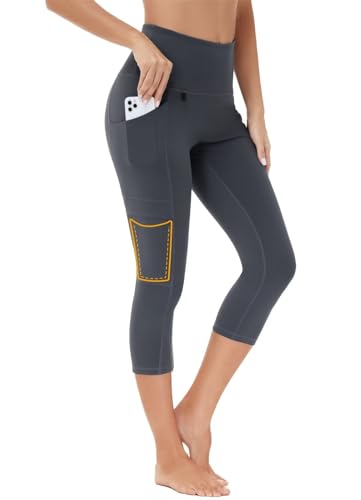 BAYGE Damen Wander Leggings 3/4 Sommer Leicht Hight Waist Wasserdicht Blickdicht Slim Fit Capri Wanderhose Yogahose Radlerhose Sporthose Strumpfhose Sweathose mit Taschen, Grau, M von BAYGE