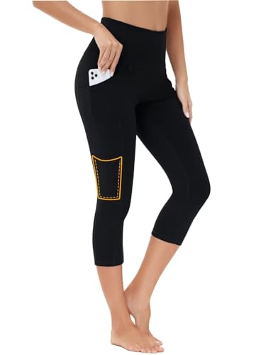 BAYGE Damen Wander Leggings 3/4 Sommer Leicht Hight Waist Wasserdicht Blickdicht Slim Fit Capri Wanderhose Yogahose Radlerhose Sporthose Strumpfhose Sweathose mit Taschen, Schwarz, S von BAYGE