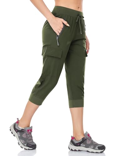 BAYGE Damen Wanderhose Sommer Leicht 3/4 Cargohose Trekkinghose Outdoorhose Atmungsaktiv Schnell Trocknend Wasserdicht Winddicht Funktionshose mit Reißverschlusstaschen, Armeegrün, XS von BAYGE