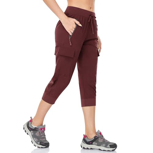 BAYGE Damen Wanderhose Sommer Leicht 3/4 Cargohose Trekkinghose Outdoorhose Atmungsaktiv Schnell Trocknend Wasserdicht Winddicht Funktionshose mit Reißverschlusstaschen, Rot, L von BAYGE