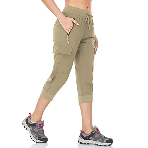 BAYGE Damen Wanderhose Sommer Leicht 3/4 Cargohose Trekkinghose Outdoorhose Atmungsaktiv Schnell Trocknend Wasserdicht Winddicht Funktionshose mit reißverschlusstaschen, Khaki, L von BAYGE