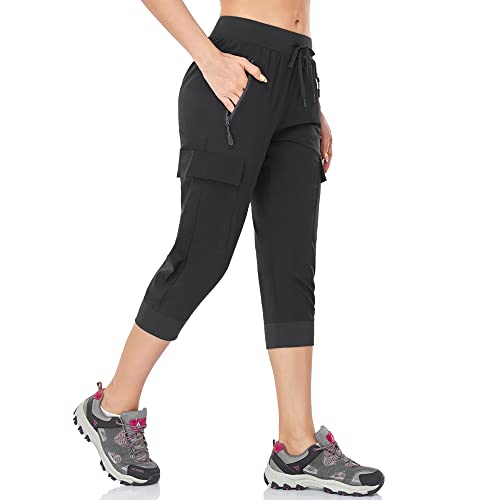 BAYGE Damen Wanderhose Sommer Leicht 3/4 Cargohose Trekkinghose Outdoorhose Atmungsaktiv Schnell Trocknend Wasserdicht Winddicht Funktionshose mit reißverschlusstaschen, Schwarz, M von BAYGE