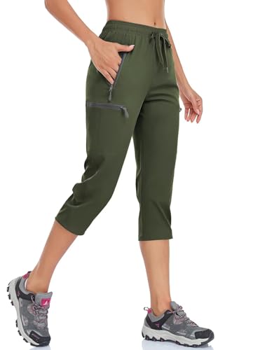 BAYGE Damen Wanderhose Sommer Leicht 3/4 Trekkinghose Outdoorhose Atmungsaktiv Schnell Trocknend Wasserdicht Winddicht Funktionshose mit Reißverschlusstaschen, Armeegrün, XXL von BAYGE