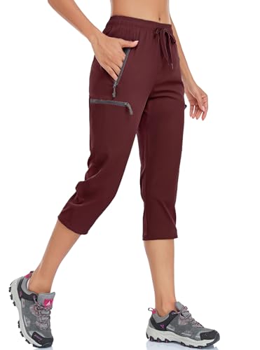 BAYGE Damen Wanderhose Sommer Leicht 3/4 Trekkinghose Outdoorhose Atmungsaktiv Schnell Trocknend Wasserdicht Winddicht Funktionshose mit Reißverschlusstaschen, Rot, M von BAYGE