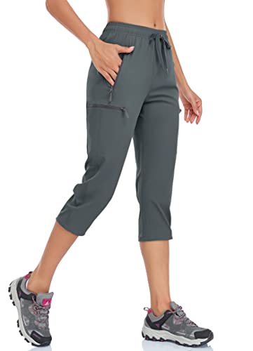 BAYGE Damen Wanderhose Sommer Leicht 3/4 Trekkinghose Outdoorhose Atmungsaktiv Schnell Trocknend Wasserdicht Winddicht Funktionshose mit reißverschlusstaschen, Grau, L von BAYGE