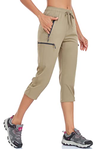 BAYGE Damen Wanderhose Sommer Leicht 3/4 Trekkinghose Outdoorhose Atmungsaktiv Schnell Trocknend Wasserdicht Winddicht Funktionshose mit reißverschlusstaschen, Khaki, XXL von BAYGE