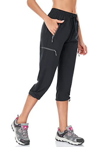 BAYGE Damen Wanderhose Sommer Leicht 3/4 Trekkinghose Outdoorhose Atmungsaktiv Schnell Trocknend Wasserdicht Winddicht Funktionshose mit reißverschlusstaschen, Schwarz, L von BAYGE