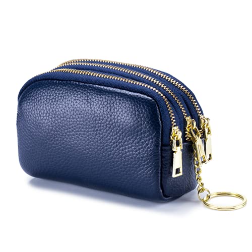 BAYINBROOK Dreifach Kapazität Leder Münzbörse, Damen Kleine Geldbörse Weicher Mini Kartenhalter, Reißverschluss Täschchen mit Schlüsselring (Blau) von BAYINBROOK