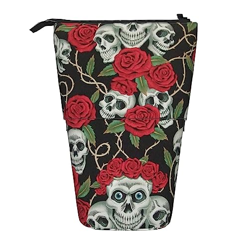 BAYKAY Federmäppchen mit Totenkopf und roter Rose, Teleskop-Etui, Stifthalter für Make-up-Bleistifte, Stifte, Schreibwaren, Handys, Schiebe-Federmäppchen, Totenkopf und rote Rose, Einheitsgröße, von BAYKAY