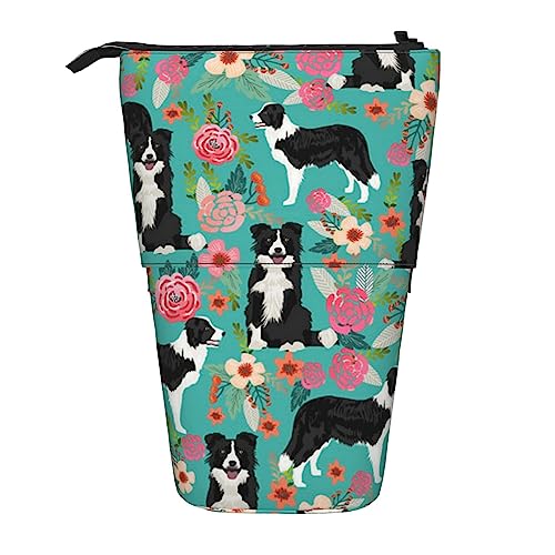 BAYKAY Tand Up Federmäppchen mit Wassermelonen-Aufdruck, Stifthalter für Make-up-Bleistifte, Stifte, Schreibwaren, Handys, verschiebbares Federmäppchen zum Organisieren, Border Collie Florals, von BAYKAY