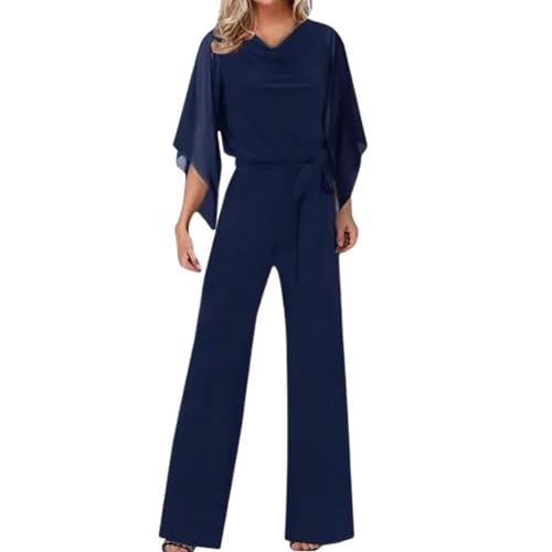 BAYORE Damen Sommer Overall Mit Gürtel Und Einfarbig Playsuit Elegant Ausgestellt 3/4-Ärmel Wasserfallausschnitt Weites Bein Hose Strampler Damen Overall Mit Taillenband von BAYORE