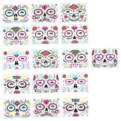 BAZEITFLOW 16 Blatt Fluoreszierende Gesichtstattoos Halloween Day Of The Dead Wasserfeste Temporäre Sticker mit Neonblumen Motiven für Party Kostüm Make-up von BAZEITFLOW