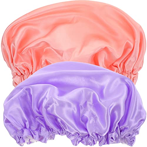 BAZEITFLOW 2 Stück Doppellagige Duschhauben für Damen Wasserdichte Satin Schlafhaube Atmungsaktive Haarschutzkappen für Locken und Farben Lila Regenbogenpink von BAZEITFLOW