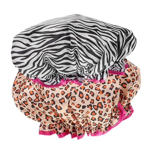 BAZEITFLOW 2 Stück Doppellagige Wasserdichte Wiederverwendbare Duschhauben für Damen Elastisch und Stabil mit Leoparden Zebramuster Optimaler Schutz Beim Duschen und Haare Waschen von BAZEITFLOW