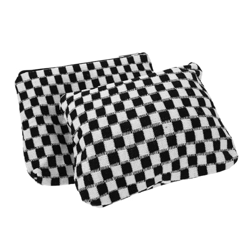 BAZEITFLOW 2 Stück Karierte Kosmetiktasche Groß mit Kontrastfarben Gestrickt Geräumiger Kulturbeutel mit Haken Weiches Material Robustes Reise-Beauty-Organizer für Frauen Mädchen Studenten von BAZEITFLOW