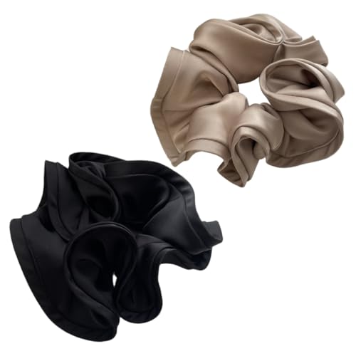 BAZEITFLOW 2 Stück Teiliges Seidig Glatter Satin Haargummis Elastische Elegante Scrunchies in Schwarz und Apricot Modische Haarbänder für Damen für Pferdeschwanz Alltag und Sport von BAZEITFLOW