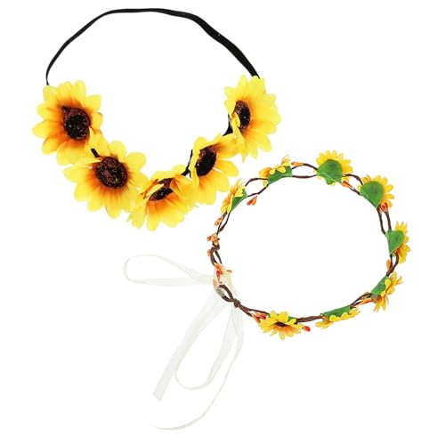 BAZEITFLOW 2 Stück Teiliges Sonnenblumen Haarkranz Elastisches Blumenhaarbändchen Boho Stirnband Haarschmuck für Damen Strand Braut Party von BAZEITFLOW