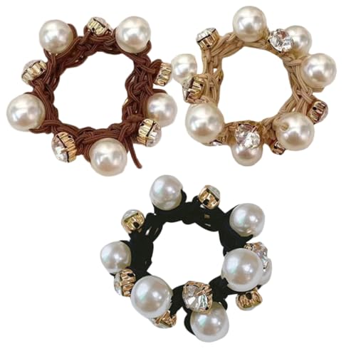 BAZEITFLOW 3 Stück Perlen Haargummis Damen Elastisch Langlebig Stilvoll für Pferdeschwanz Dutt und Alltag Modischer Haarschmuck in Khaki Kaffee Schwarz Geeignet für Mädchen und Frauen von BAZEITFLOW