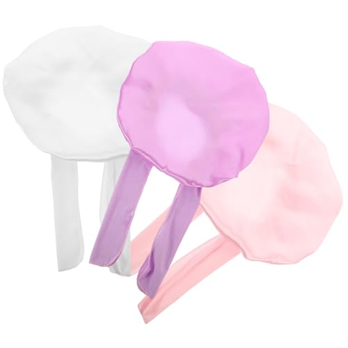 BAZEITFLOW 3 Stück Schlafmütze und Wiederverwendbare Duschhaube mit Elastischem Satinband Atmungsaktiv Sanft Hautfreundlich Geeignet für Junge Mädchen zum Schlafen Duschen und Alltag in Weiß von BAZEITFLOW