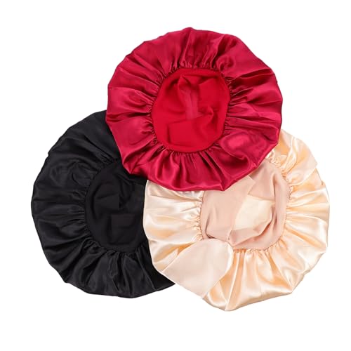 BAZEITFLOW 3 Stück Teiliges Satin mit Doppelter Lage Verstellbar und Elastisch Hautfreundliche Bouffant Schlafhauben für Damen in Khaki Schwarz und Weinrot zum Schutz der Haare Beim Schlafen von BAZEITFLOW