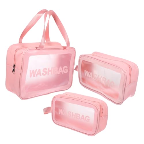 BAZEITFLOW 3 Stück Teiliges Wasserdichtes Reise Kosmetikset Große Kapazität Durchsichtige Make Up Taschen in Kirschblütenrosa Leicht Tragbar für Damen Reise und Alltagsgebrauch von BAZEITFLOW