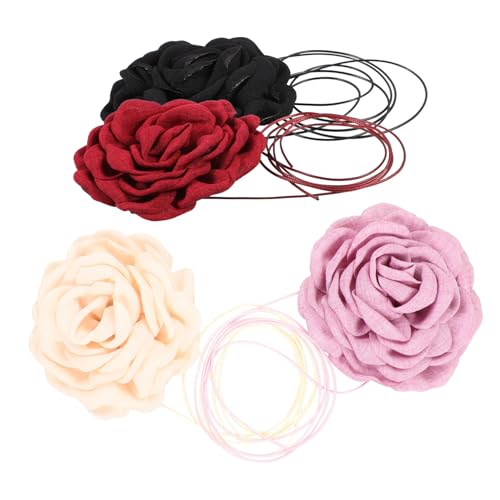 BAZEITFLOW 4 Stück Teiliges Damen Choker mit Großen Stoff Rosen Verstellbare Halsketten in Dunkel und Rot und Modische Blumen Halsketten für Mädchen Hautfreundlich und Vielseitig von BAZEITFLOW