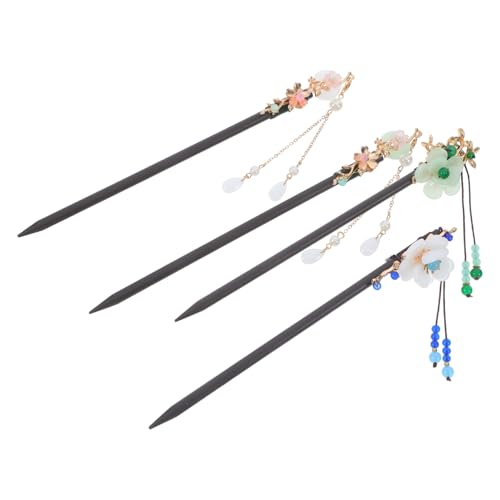 BAZEITFLOW 4 Stück Vintage Chinesische Haarnadeln Holz Haarschmuck mit Blumenmotiv Langlebig und Handgefertigt Traditioneller Stil Haarknoten accessoires für Frauen Eleganter Hanfu Look von BAZEITFLOW